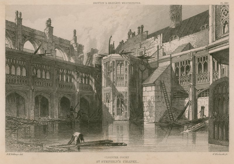 محكمة الدير ، كنيسة سانت ستيفن ، بعد حريق 16 أكتوبر 1834 بواسطة RW Billings