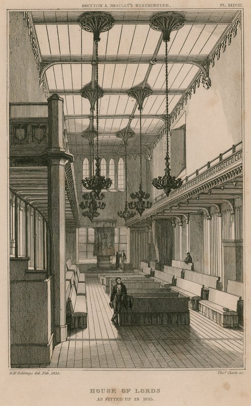 مجلس اللوردات ، وستمنستر ، لندن ، كما تم تركيبه في عام 1835 بواسطة RW Billings