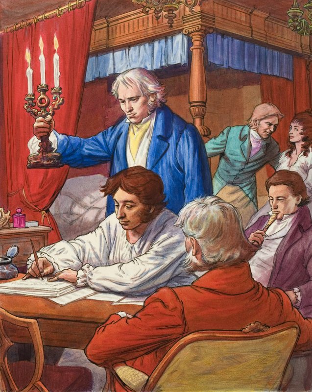 جيواتشينو روسيني (1792-1868) يؤلف "صلاة موسى" في غرفة نومه (غواش على ورق) بواسطة رالف بروس