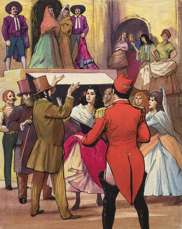 بروفة لمشهد من مسرحية "كارمن" لجورج بيزيه (1838-1875) (غواش على ورق) بواسطة رالف بروس