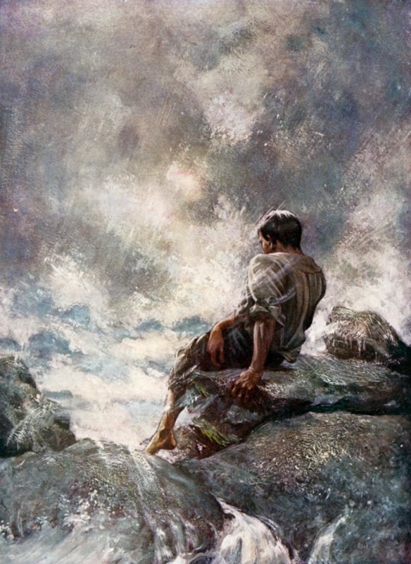 رسم توضيحي لروبنسون كروزو بقلم دانيال ديفو (ليثو ملون) بواسطة رالف نويل بوكوك