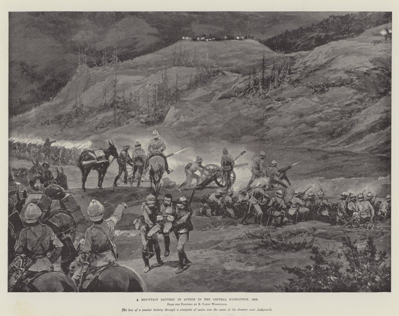 بطارية جبلية في العمل في رحلة شيترال ، 1895 بواسطة ريتشارد كاتون وودفيل جونيور