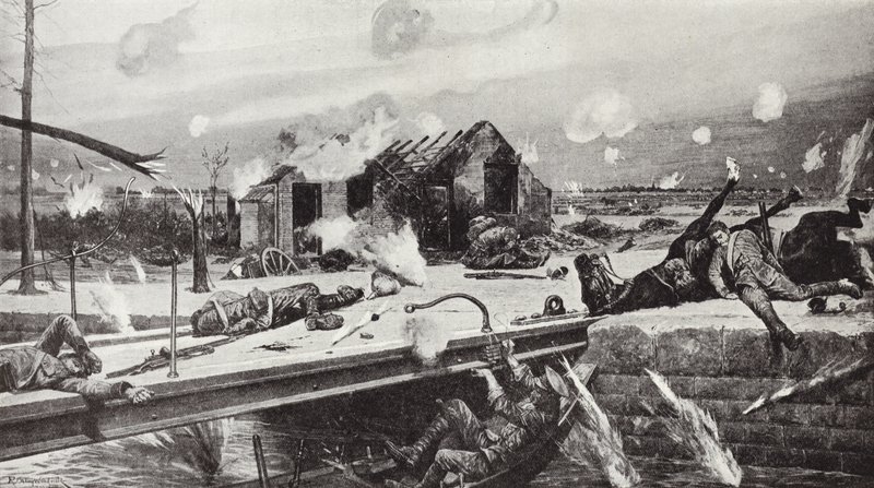 العريف تشارلز جارفيس يفجر الجسر في جيمابس ، بلجيكا ، 23 أغسطس 1914 بواسطة ريتشارد كاتون وودفيل جونيور
