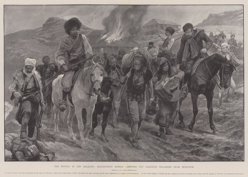 الثورة في البلقان المتمردون المقدونيون ينقلون القرويين الألبان بالقرب من المنستير بواسطة ريتشارد كاتون وودفيل جونيور