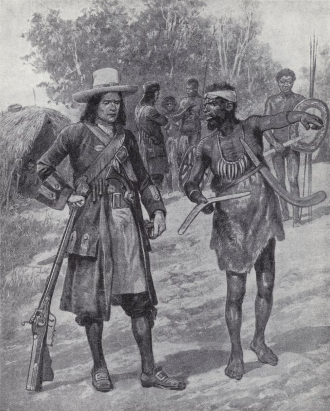 William Dampier with an indigenous man during his exploration of Australia, late 17th century (litho) بواسطة ريتشارد كاتون الثاني (بعد) وودفيل