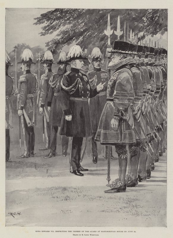 الملك إدوارد السابع يتفقد Yeomen of the Guard في Marlborough House في 25 يونيو بواسطة ريتشارد كاتون وودفيل جونيور