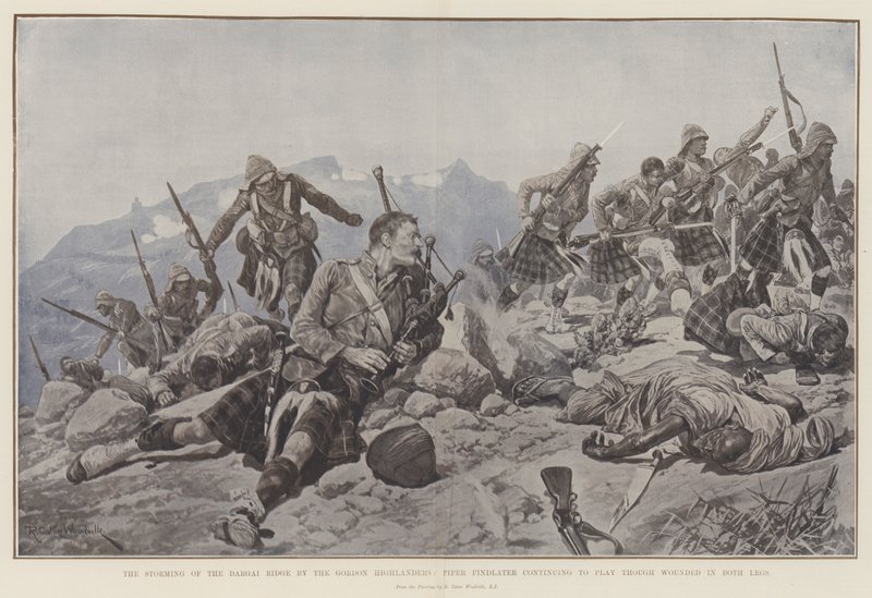 Storming of Dargai Ridge بواسطة Gordon Highlanders ، Piper Findlater يواصل اللعب على الرغم من إصابته في ساقيه بواسطة ريتشارد كاتون وودفيل جونيور