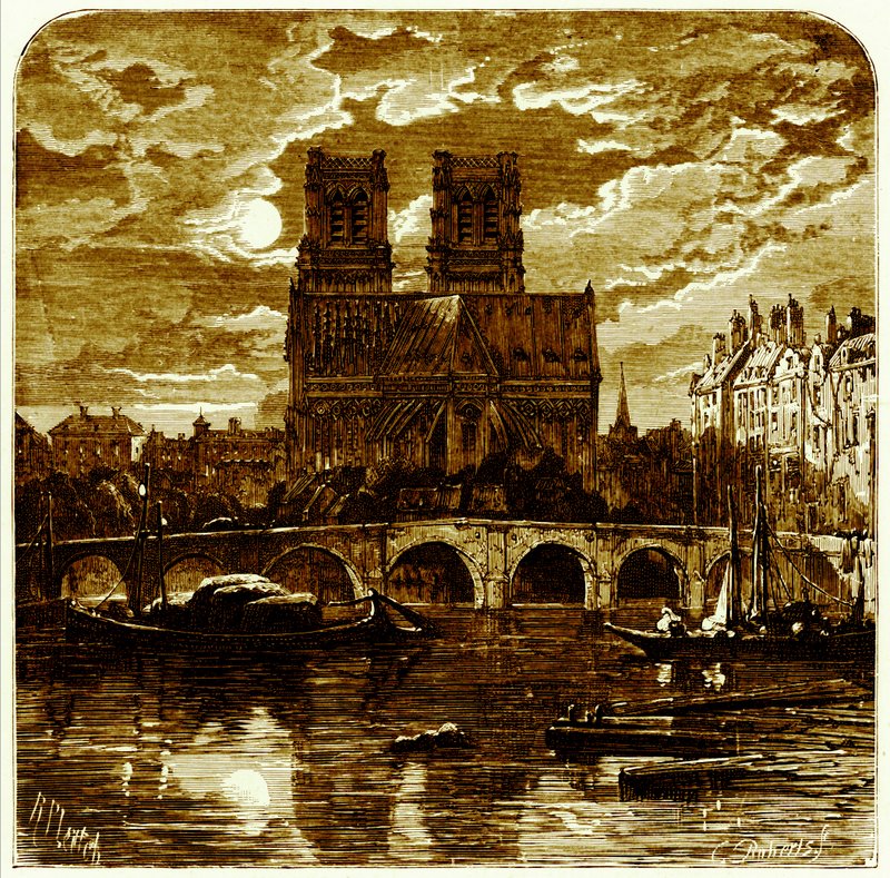 كاتدرائية نوتردام ، رسم توضيحي من "الصور الفرنسية" لصمويل جرين ، نُشر عام 1878 (صورة محسّنة رقميًا) بواسطة ريتشارد برينسيبال (بعد) ليتش