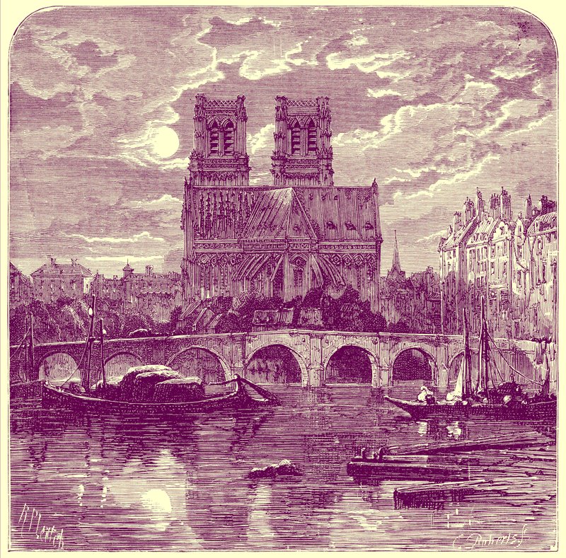 كاتدرائية نوتردام ، رسم توضيحي من "الصور الفرنسية" لصمويل جرين ، نُشر عام 1878 (صورة محسّنة رقميًا) بواسطة ريتشارد برينسيبال (بعد) ليتش