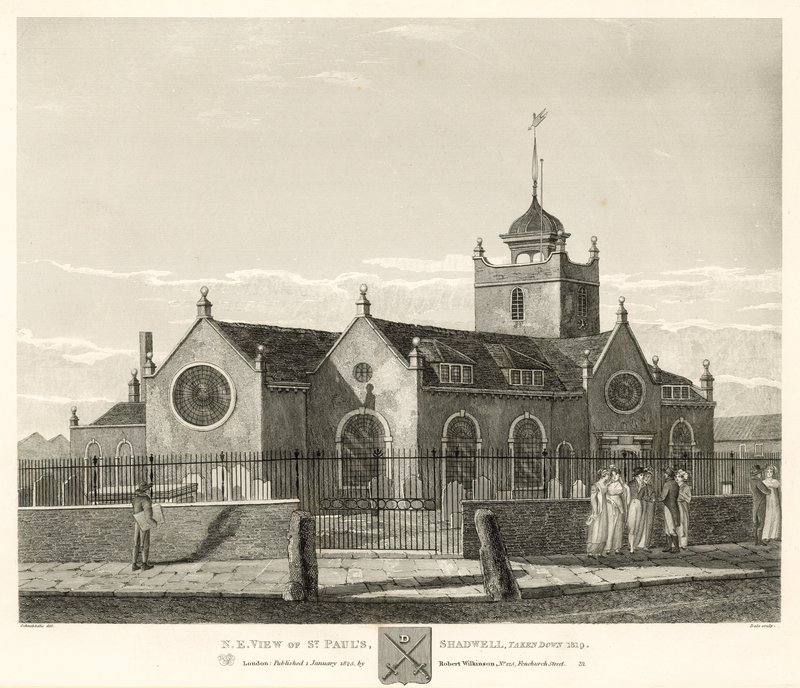 المنظر الشمالي الشرقي لسانت بولس ، شادويل ، لندن ، أُسقط عام 1819 بواسطة روبرت بليميل شنيبيلي