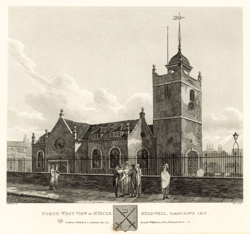 المنظر الشمالي الغربي لسانت بولس ، شادويل ، لندن ، أُسقط عام 1817 بواسطة روبرت بليميل شنيبيلي