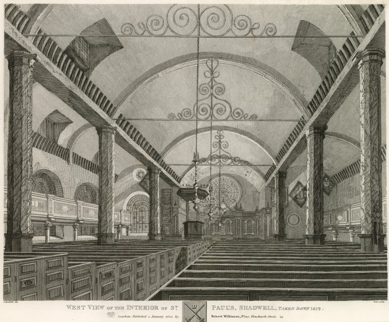 منظر غربي لداخل سانت بول ، شادويل ، لندن ، أُسقط في عام 1817 بواسطة روبرت بليميل شنيبيلي
