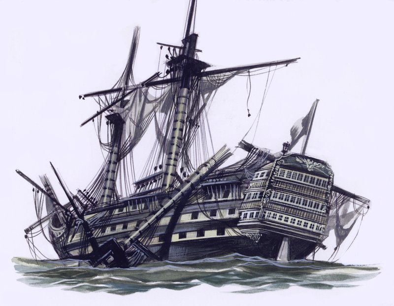سفينة HMS Victory بعد معركة ترافالغار، مع إطلاق النار على الصاري العلوي للسارية (غواش على ورق) بواسطة رون إمبلتون