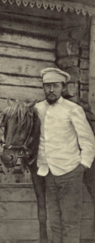 Anton Chekhov at his estate of Melikhovo, Russia, June 1898 (b/w photo) بواسطة مصور روسي