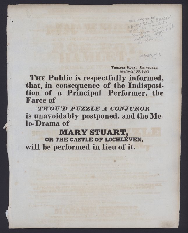 Notice of a change to the billed performance at the Theatre Royal, Edinburgh, 30 September 1829 (litho) بواسطة المدرسة الاسكتلندية