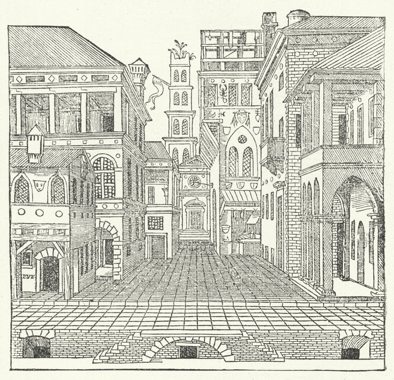 تصميم المسرح من قبل المهندس المعماري الإيطالي Mannerist سيباستيانو سيرليو لكوميديا بواسطة سيباستيانو سيرليو