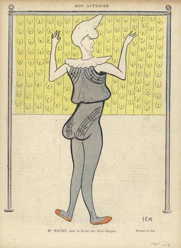 لويز بالثي ، ممثلة فرنسية ، في Folies-Bergere ، رسم توضيحي لـ Le Rire بواسطة سيم