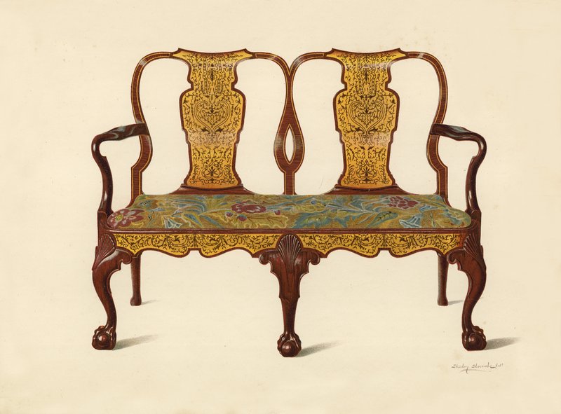 الجوز الأريكة المطعمة بالماركتري ، ملكية بيرسي ماكوويد (chromolitho) بواسطة شيرلي تشارلز Llewellyn Slocombe