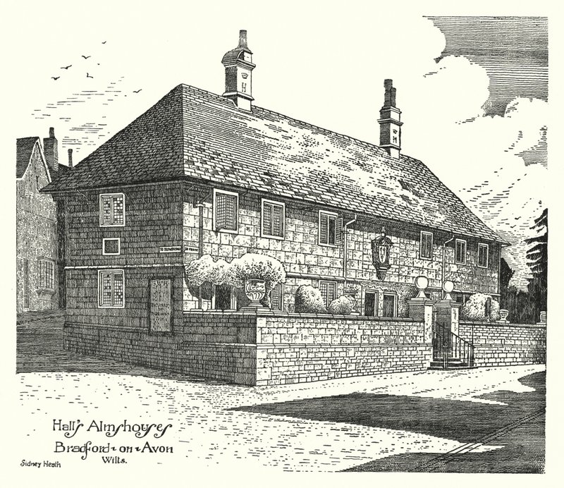 Hall's Almshouses ، برادفورد أون أفون ، ويلتس (نقش) بواسطة سيدني هيث