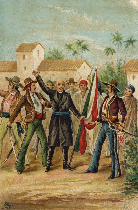الكاهن الكاثوليكي ميغيل هيدالغو إي كوستيلا يصدر Grito de Dolores الذي يدعو إلى الاستقلال المكسيكي ، 15 سبتمبر 1809 بواسطة المدرسة الاسبانية