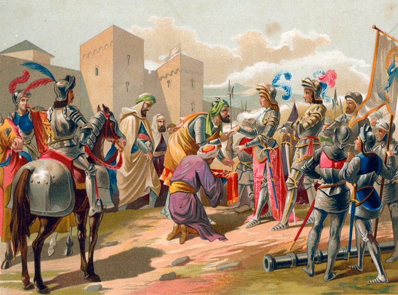 Boabdil يستسلم غرناطة للتاج الكاثوليكي بواسطة المدرسة الاسبانية