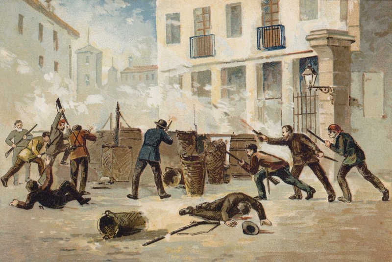 أعضاء الميليشيا الوطنية في فالنسيا يرفضون نزع سلاحهم ، إسبانيا ، 1873 بواسطة المدرسة الاسبانية