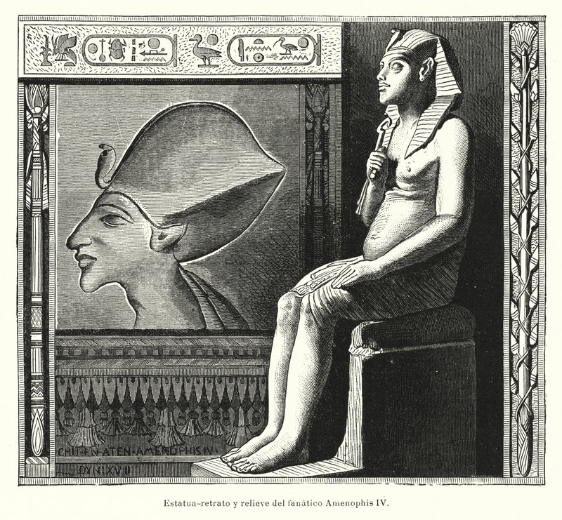 تمثال جالس وإغاثة للفرعون المصري القديم أخناتون (أمنحتب الرابع) (ليثو) بواسطة المدرسة الاسبانية