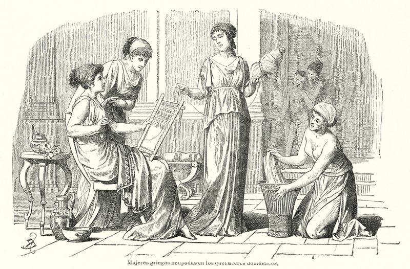 النساء يؤدين الأعمال المنزلية في اليونان القديمة (ليثو) بواسطة المدرسة الاسبانية