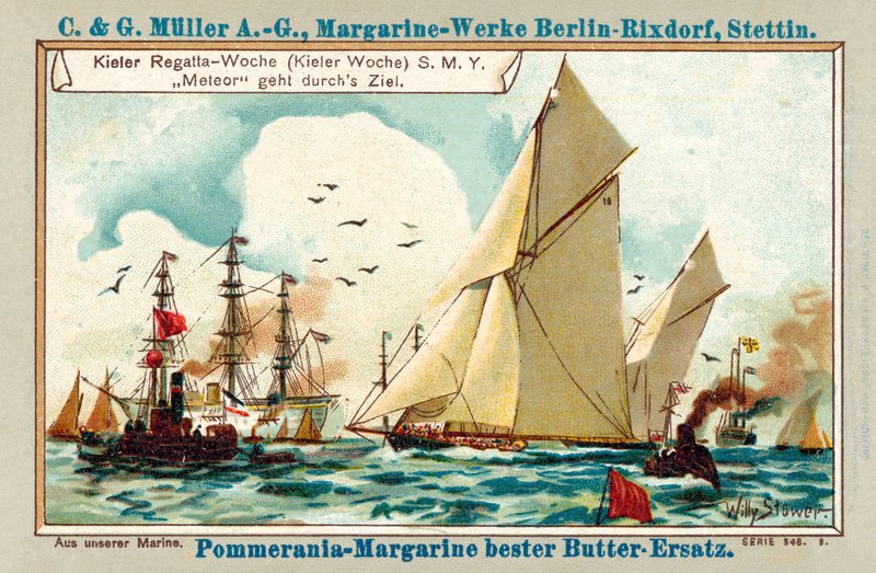يخت كايزر Meteor يعبر خط النهاية خلال سباق القوارب Kiel Week (chromolitho) بواسطة ستوير ويلي