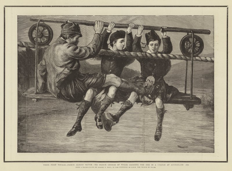 الرحلة الأولى ، الأمير ألبرت فيكتور والأمير جورج من ويلز يعبرون دي في مهد في Abergeldie 1876 بواسطة قاعة سيدني بريور
