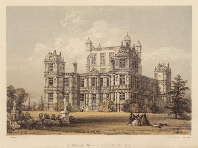 Wollaton Hall، Nottinghamshire (aquatint) بواسطة توماس (بعد) ألوم