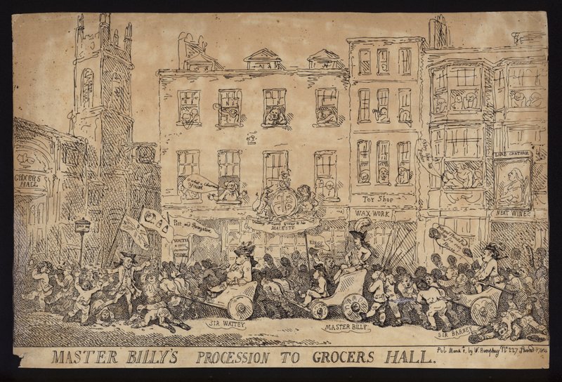موكب السيد بيلي إلى قاعة البقالة ؛ هجاء سياسي حول موكب ويليام بيت الأصغر إلى Grocers Hall لتلقي حرية مدينة لندن بواسطة توماس (بعد) رولاندسون