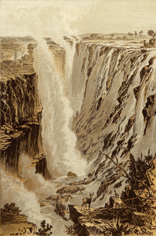 سقوط فيكتوريا ، زامبيزي ، من الطرف الشرقي من الهوة (chromolitho) بواسطة توماس بينز