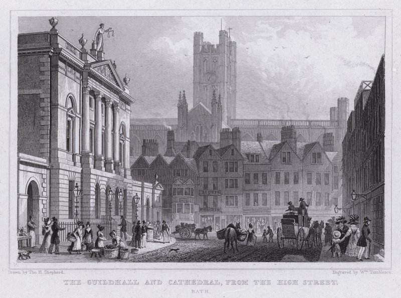 The Guildhall and Cathedral, from the High Street, Bath (engraving) بواسطة توماس هوسمر شيبرد