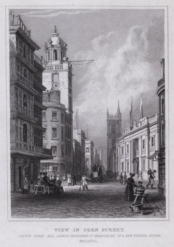 منظر في شارع Corn Street و Castle Bank و All Saints و Exchange وكنيسة St Werburgh و New Council House ، بريستول (نقش) بواسطة توماس هوسمر شيبرد