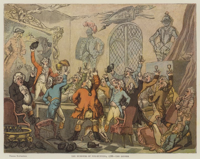 فكاهة صيد الثعالب ، 1788 ، العشاء (chromolitho) بواسطة توماس رولاندسون