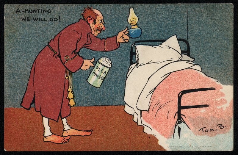 رجل يبحث عن البراغيث في سريره (chromolitho) بواسطة توم براون