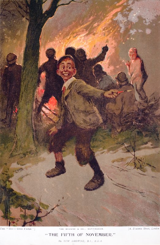 الخامس من نوفمبر ، فتى متحمس في Bonfire Night (color litho) بواسطة توم براون
