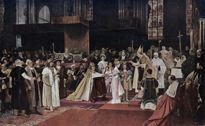 Tu felix Austria nube: خطوبة أحفاد الإمبراطور الروماني المقدس ماكسيميليان الأول وأبناء الملك لاديسلاوس الثاني ملك بوهيميا والمجر في كاتدرائية سانت ستيفن ، فيينا بواسطة فاتسلاف بروزيك