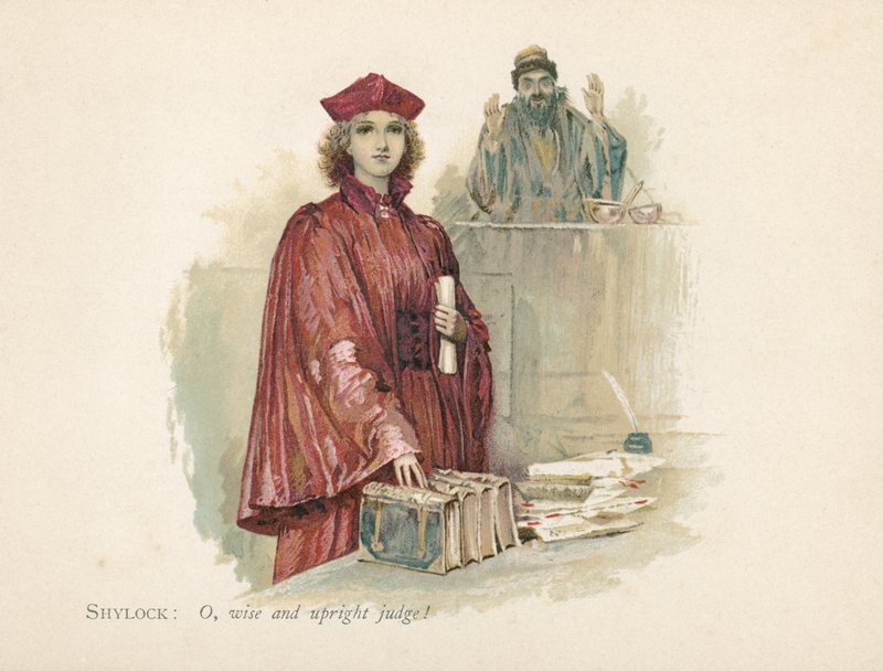 بورتيا وشيلوك في تاجر البندقية (chromolitho) بواسطة والتر ستانلي باجيت
