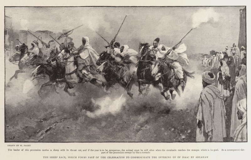 أرض المغاربة ، سباق الأغنام ، الذي يشكل جزءًا من الاحتفال لإحياء ذكرى إسحاق إبراهيم بواسطة والتر ستانلي باجيت