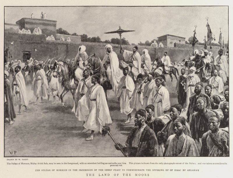 أرض المغاربة ، سلطان المغرب في موكب عيد الأغنام لإحياء ذكرى إسحاق إبراهيم بواسطة والتر ستانلي باجيت