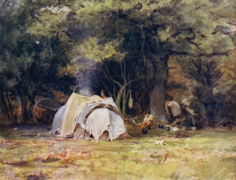 الغابة الجديدة: The Gipsy Camp بالقرب من بيوت الكلاب بين Lyndhurst و Minstead (لون ليثو) بواسطة والتر فريدريك روف تندل