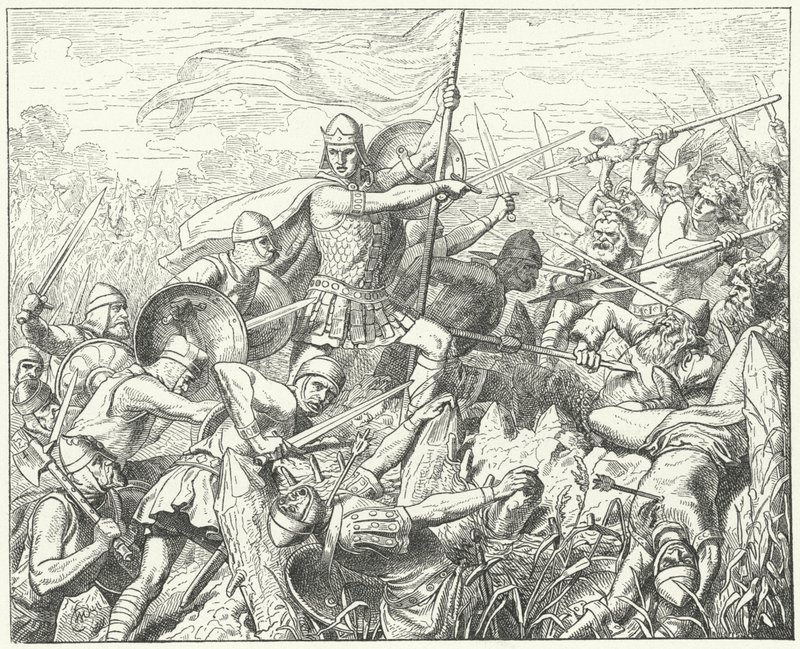 Arnulf of Carinthia يقتحم الدفاعات النورماندية على نهر Dyle ، 891 (نقش) بواسطة فيلهلم كامبهاوزن