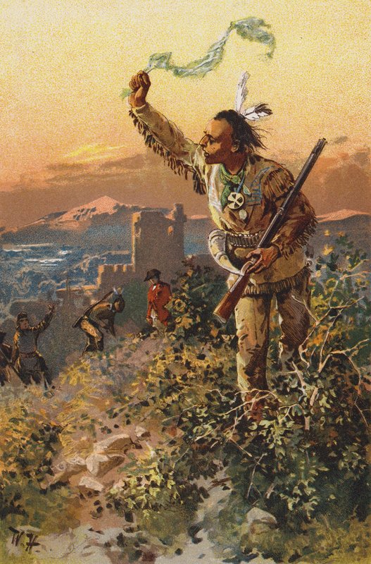 مشهد من فيلم The Last of the Mohicans لجيمس فينيمور كوبر (ليثو ملون) بواسطة فيلهلم هوفمان