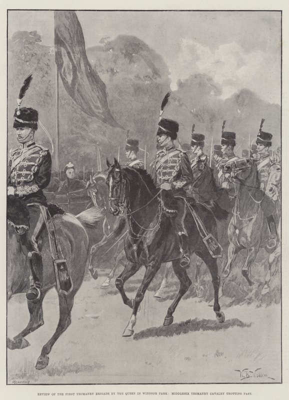استعراض لواء Yeomanry الأول من قبل الملكة في حديقة وندسور ، ميدلسيكس Yeomanry Cavalry الهرولة الماضي بواسطة صوف ويليام بارنز
