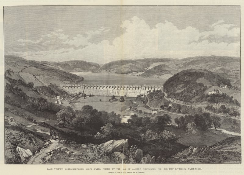 بحيرة Vyrnwy ، Montgomeryshire ، شمال ويلز ، التي شكلتها سد الماسونية التي تم إنشاؤها لمحطات المياه الجديدة في ليفربول بواسطة وليام كريميا سيمبسون