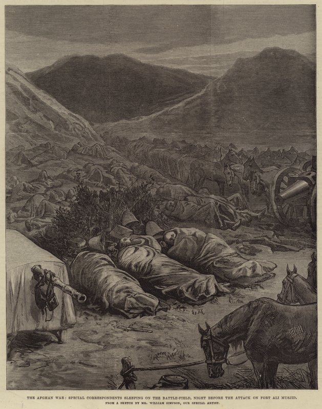 الحرب الأفغانية ، المراسلون الخاصون ينامون في ساحة المعركة ، ليلة قبل الهجوم على حصن مسجد علي بواسطة وليام كريميا سيمبسون