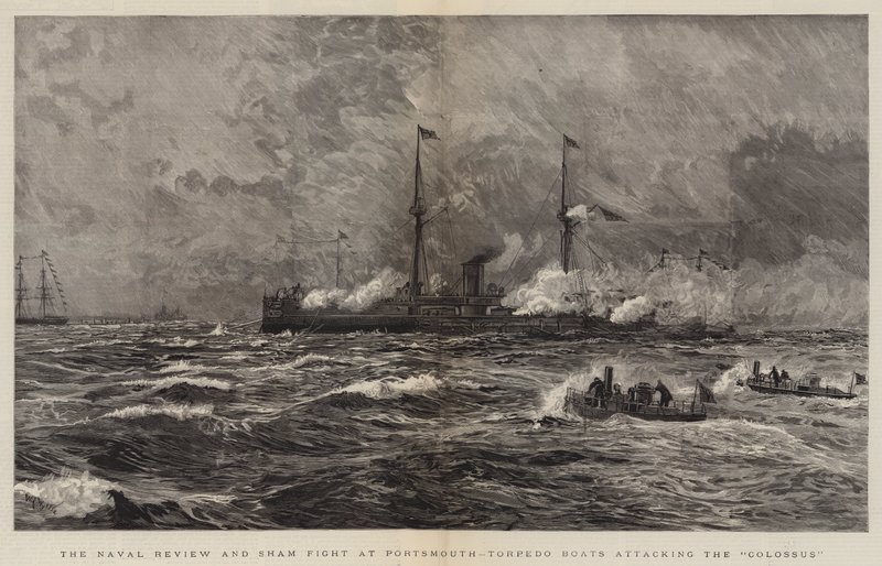 The Naval Review and Sham Fight في بورتسموث ، زوارق Torpedo تهاجم العملاق بواسطة وليام ليونيل ويلي