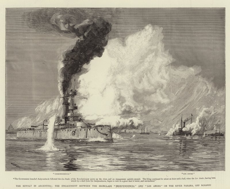 الثورة في الأرجنتين ، الاشتباك بين Ironclads Independencia ولوس أنديس على نهر بارانا ، قبالة روزاريو بواسطة وليام ليونيل ويلي